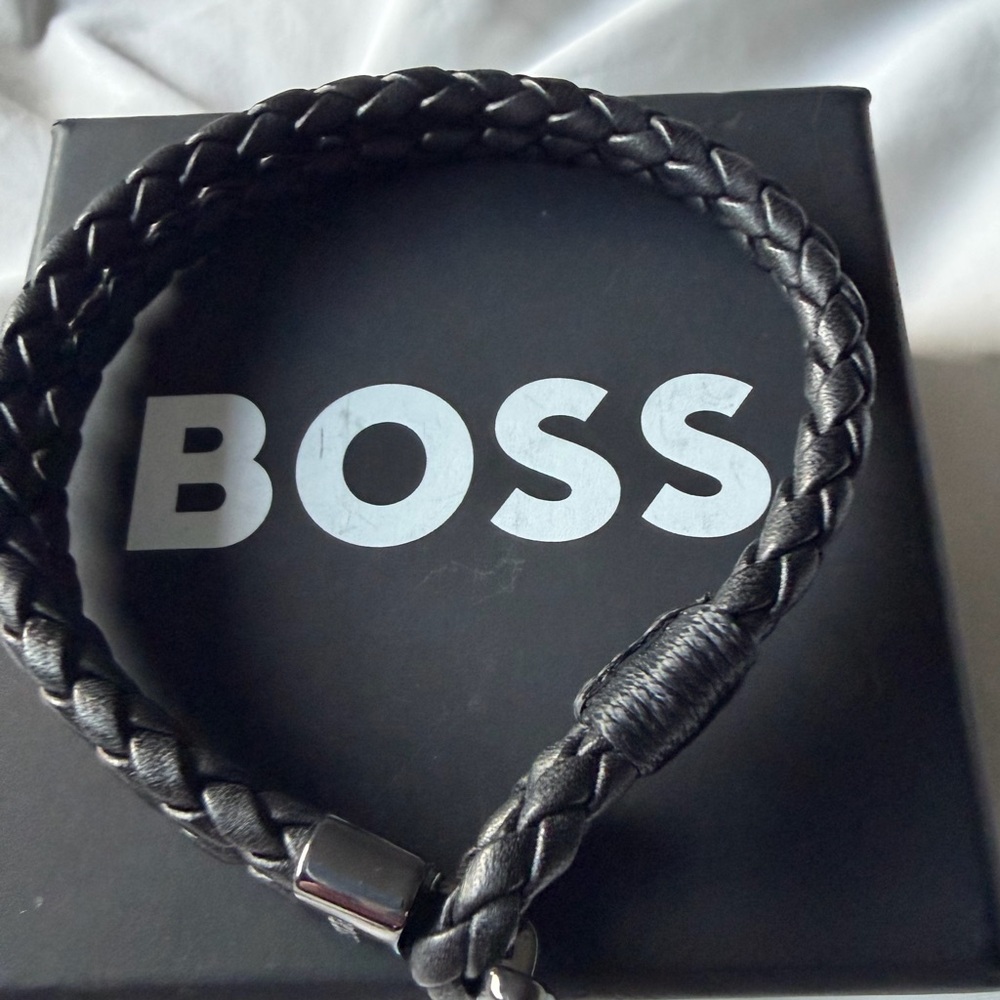 Boss Black Leather Braided Bracelet Men’s Cuff